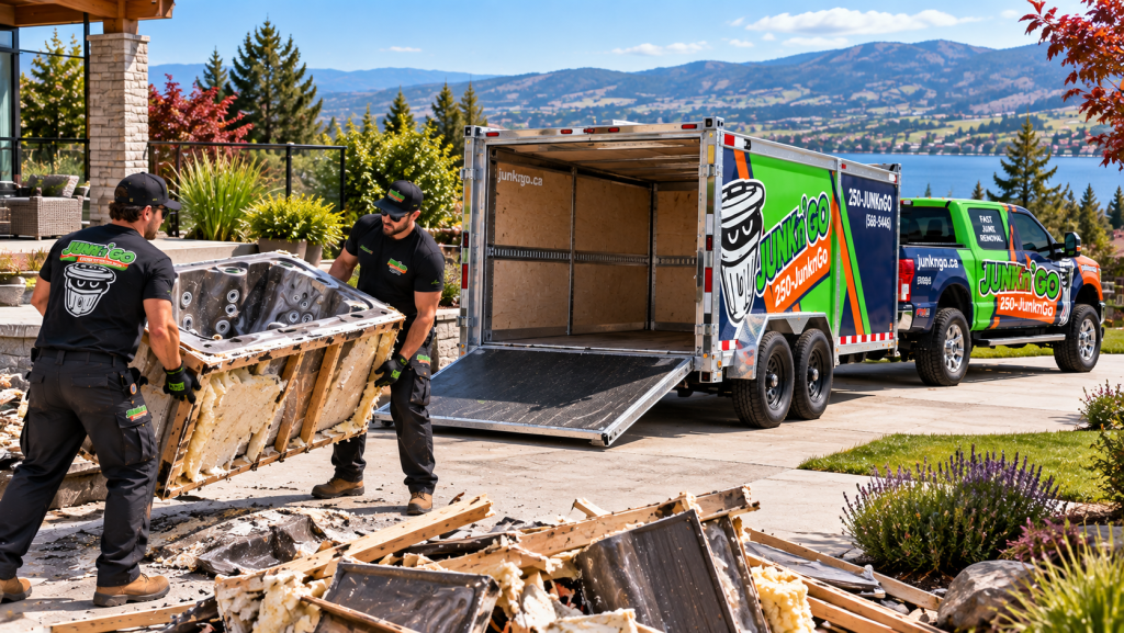 Removed hot tub sections being loaded into a Junk N Go trailer by uniformed workers. Old hot tub being loaded and hauled away by Junk N Go